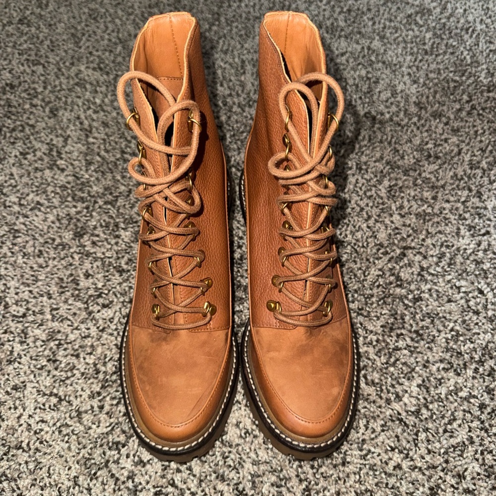Tory Burch Tan Lace-Up Leather Combat Boots